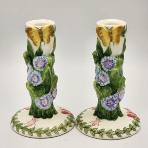 VTG  Pair Portmeirion Botanic Garden 6” Heigh Candlesticks  Made In Britain See